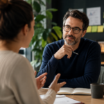 Un ricercatore ascolta con attenzione un partecipante durante un'intervista qualitativa, cogliendo insight utili all'innovazione.