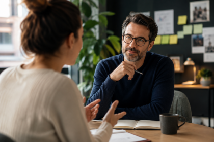 Un ricercatore ascolta con attenzione un partecipante durante un'intervista qualitativa, cogliendo insight utili all'innovazione.