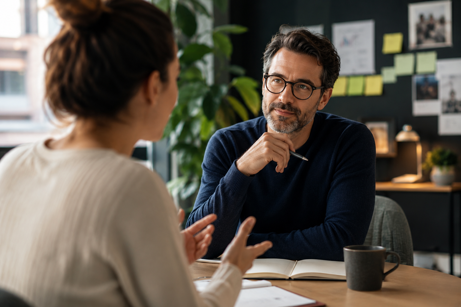 Un ricercatore ascolta con attenzione un partecipante durante un'intervista qualitativa, cogliendo insight utili all'innovazione.